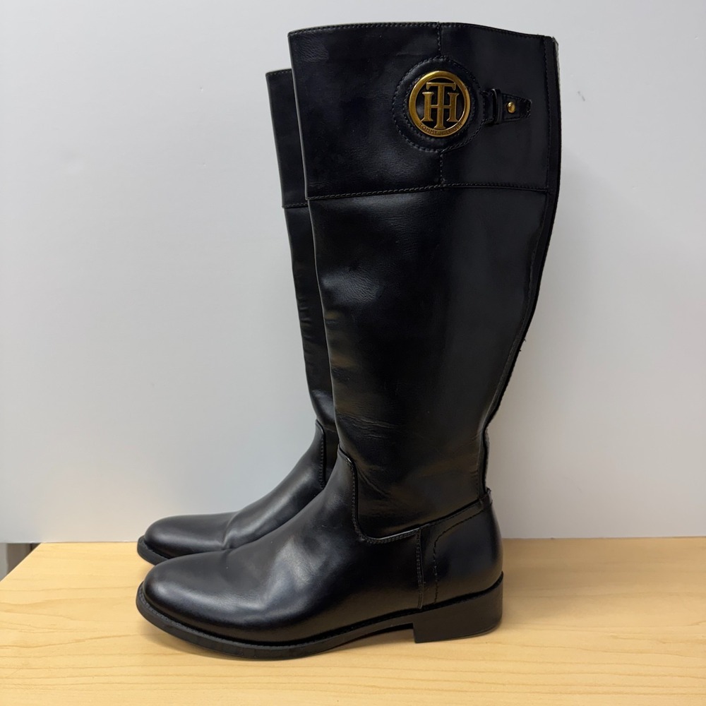 Tommy Hilfiger Twinezza-F Black Riding Boots, Size 9M, Knee-High Side Zip